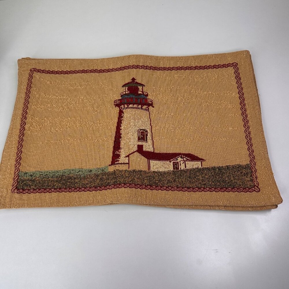 Set Of 4 Woven Lighthouse Placemats With Nautical Design 18"x12" Beige & Red